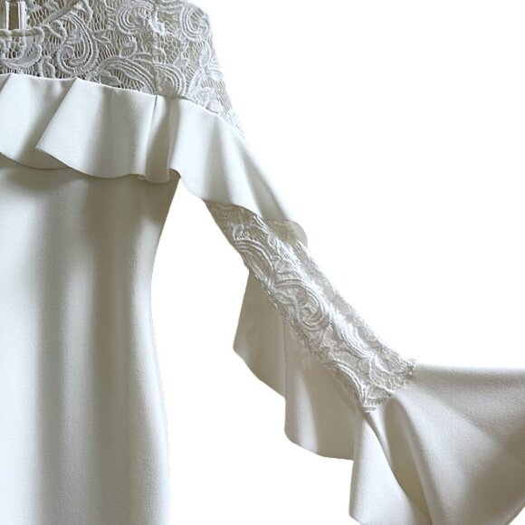 Betsy & Adam White Lace Ruffle Sheath Dress 2 Bridal Cocktail Wedding Guest - Picture 7 of 9
